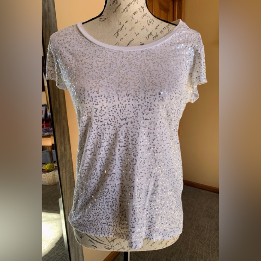 Calvin Klein Women's Sequin White  T shirt Medium